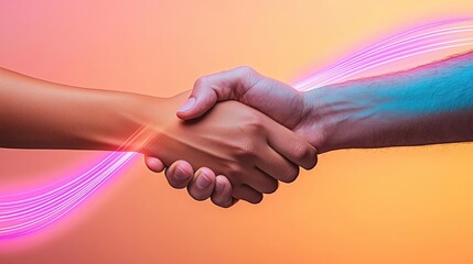 Two hands shaking in collaboration with a colorful gradient background.