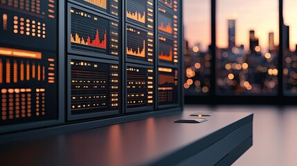Aufkleber - Modern finance office with digital data displays and a city skyline in the background.