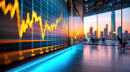 Poster - Modern office with financial graphs and city skyline view at sunset.