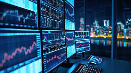 Aufkleber - Modern trading workspace with multiple screens displaying financial charts.
