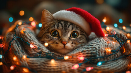 adorable cat wrapped in colorful Christmas lights
