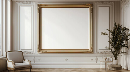 gallery style beautiful gold empty frame on the wall, copy space