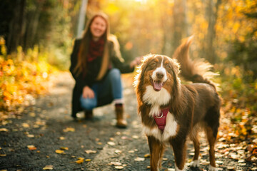 Loving young woman with her shepherd Australian on fall season