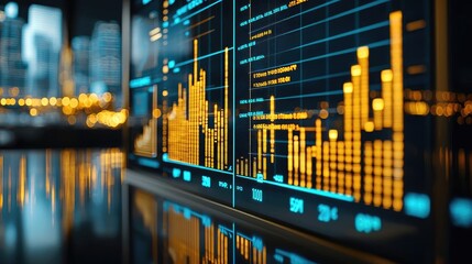 Poster - Financial data analysis on screen, with glowing graphs and city backdrop.
