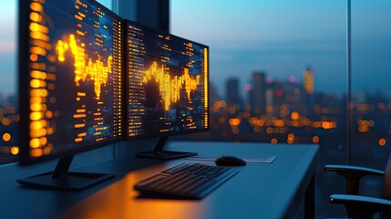 Aufkleber - Modern workspace with dual monitors displaying data trends and city skyline.