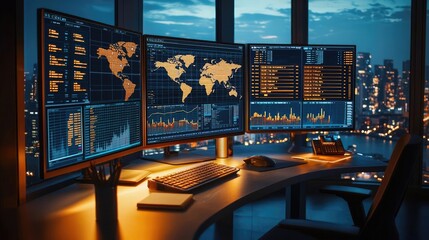 Poster - Modern workspace with multiple monitors displaying data analysis at night.