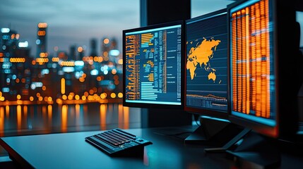 Aufkleber - High-tech workspace with multiple monitors displaying data analytics and city skyline.