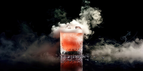 A glass of red liquid with smoke coming out of it