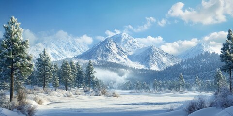 A winter scene features a mountain range alongside picturesque countryside, with trees blanketed in snow, creating a beautiful widescreen nature wallpaper.