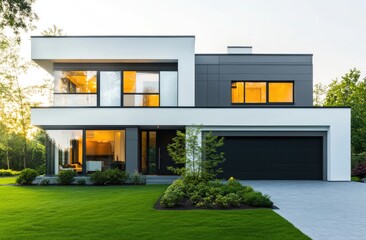 a modern home in Vancouver, with a white and grey exterior and large windows. The front view shows a green grass lawn and a black garage door.