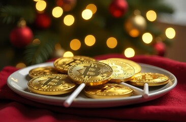 Lollipops in packaging in the form of bitcoin coins lie on a plate against a festive background