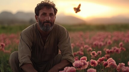 A serene scene of a man in traditional attire resting among vibrant pink flowers in a sunlit field, reflecting themes of peace, nature, and simplicity.