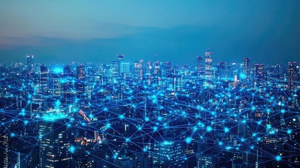 Poster - City skyline with digital connections representing technology and networking.