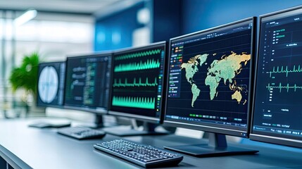 Aufkleber - Multiple monitors displaying data analytics in a modern office environment.