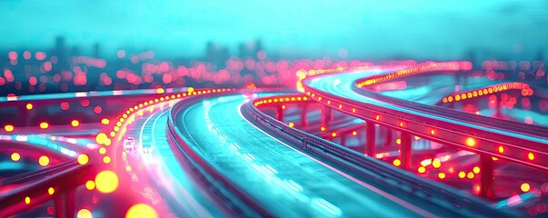 Poster - Vibrant city highway with glowing lights at night, abstract view, motion blur effect.