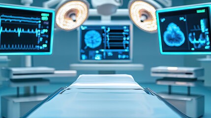 Aufkleber - Modern surgical room with medical monitors and a clean operating table.