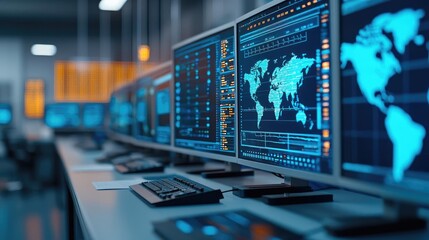 Aufkleber - High-tech data center with multiple monitors displaying global information.