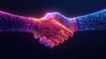 Aufkleber - Futuristic handshake between two digital hands with glowing colors.