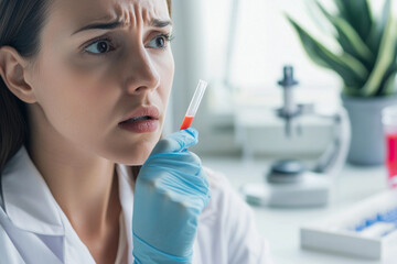 Concerned scientist observing blood sample in laboratory setting