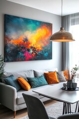 a stylish modern living room with vibrant abstract art on the wall, a neutral couch adorned with bri