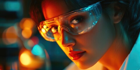 A female scientist working at a microscopic level in a laboratory, focused on an analysis task.