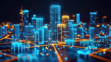 Poster - Futuristic city skyline with glowing skyscrapers and digital effects, dark background.