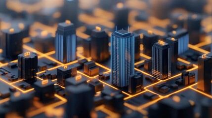 Aufkleber - Aerial view of a futuristic city with illuminated grid and tall buildings