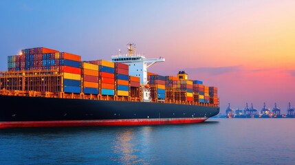 Cargo Vessels Moving Through Tranquil Waters at Sunset