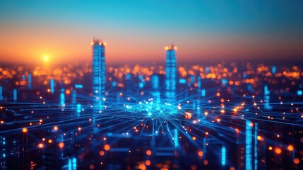 Poster - Futuristic city skyline with glowing network connections and sunset backdrop.