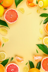 Wall Mural - Vertical Creative background made of summer tropical fruits with leaves, grapefruit, orange, tangerine, lemon.