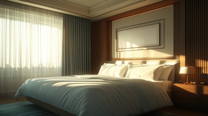 A luxurious hotel room with a large, comfortable bed, soft lighting, and a large window allowing sunlight to stream in. The room features a modern, minimalist design with wooden accents.