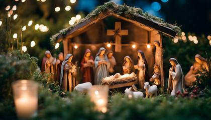 Biblical nativity scene showing Mary, baby Jesus and shepherds with angel. Peaceful representation of the birth of Jesus Christ. Concept of Christmas, nativity scene, history, religion