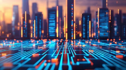 Aufkleber - Futuristic city with glowing digital circuit board technology.