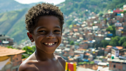 Wall Mural - Smiling African American boy against the backdrop of mountains and favelas.