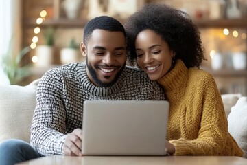 relaxed mature couple using laptop computer shopping online in the living room, Generative AI