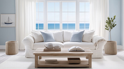 Interior design of modern coastal living room with ocean view and light blue accents
