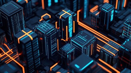 Poster - Futuristic cityscape with neon lights and digital elements, abstract urban design.