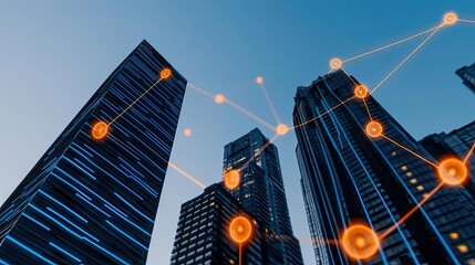 Poster - Modern skyscrapers against a vibrant blue sky with digital connectivity visuals.