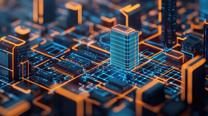 Poster - Futuristic cityscape with glowing circuits and buildings in vibrant colors.