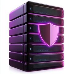 Poster - A high-tech server with a shield icon, representing data security and protection, isolated on a white background. 