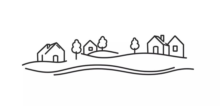 A simple, single-line drawing of the countryside, featuring houses and trees, set against a white background
