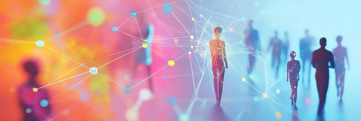 Poster - Colorful figures connected by lines illustrating social media networks and interactions