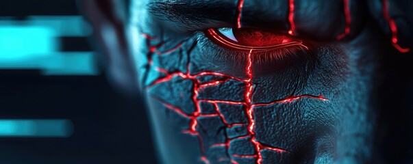 Poster - Futuristic face with glowing red cracks on a dark background.