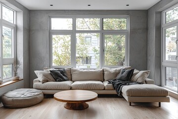 A modern Scandinavian interior in the living room with minimalist, round table and comfortable sofa. Generative AI
