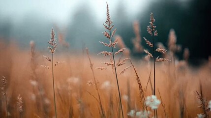 Close-up of tall grass stalks in a misty field with blurred background, creating an atmospheric and serene natural scene.