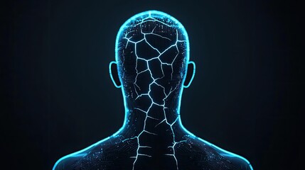 Aufkleber - Futuristic digital head with glowing cracks and blue accent, dark background.