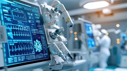 Poster - Advanced medical equipment with monitors in a high-tech hospital environment.