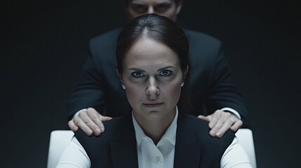 Poster - Male colleague leaning over a female coworker at her desk with a hand placed on the back of her chair Clear background with copy space for text