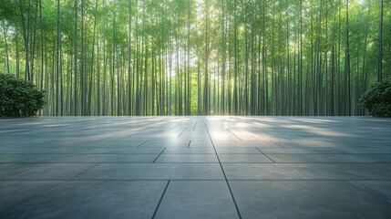 Serene Bamboo Forest Pathway with Parking Area and Brick Road for Automotive Advertising