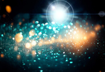 Poster - A  bright white light shines over a textured surface shimmering with gold and teal bokeh.
